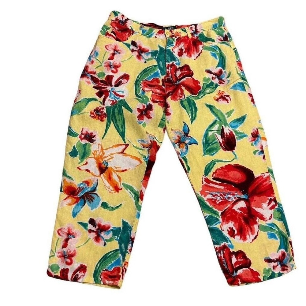 Lauren Ralph Lauren 12P vintage linen yellow floral high waist mom cropped pants